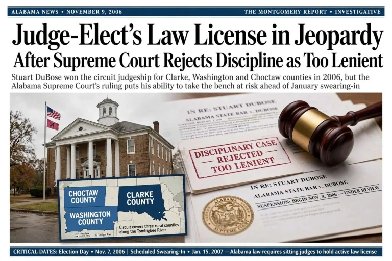 Illustration for the news story: Judge-Elect’s Law License in Jeopardy After Supreme Court Rejects Discipline as Too Lenient