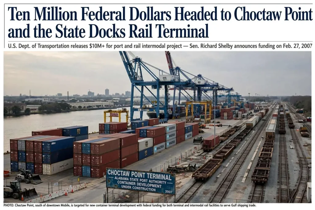Illustration for the news story: Ten Million Federal Dollars Headed to Choctaw Point and the State Docks Rail Terminal
