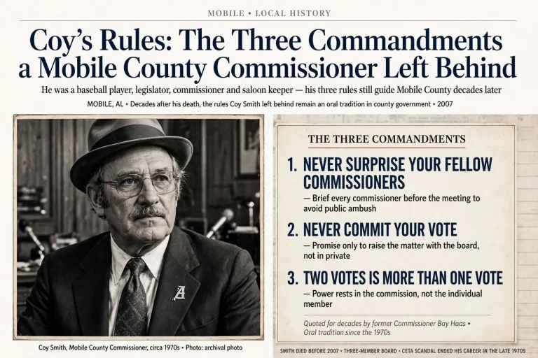 Illustration for the news story: Coy’s Rules: The Three Commandments a Mobile County Commissioner Left Behind