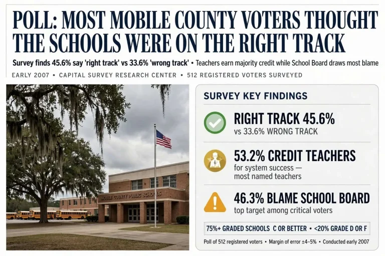 Illustration for the news story: Poll Found Most Mobile County Voters Thought the Schools Were on the Right Track