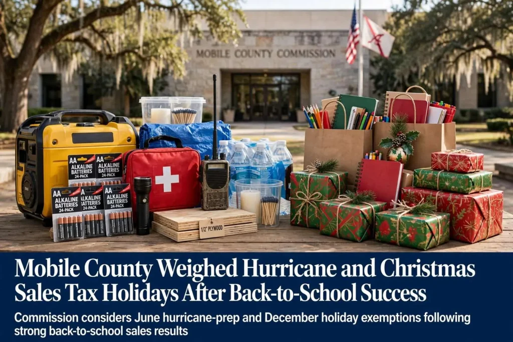 Illustration for the news story: Mobile County Weighed Hurricane and Christmas Sales Tax Holidays After Back-to-School Success