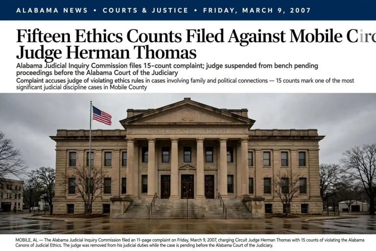 Illustration for the news story: Fifteen Ethics Counts Filed Against Mobile Circuit Judge Herman Thomas