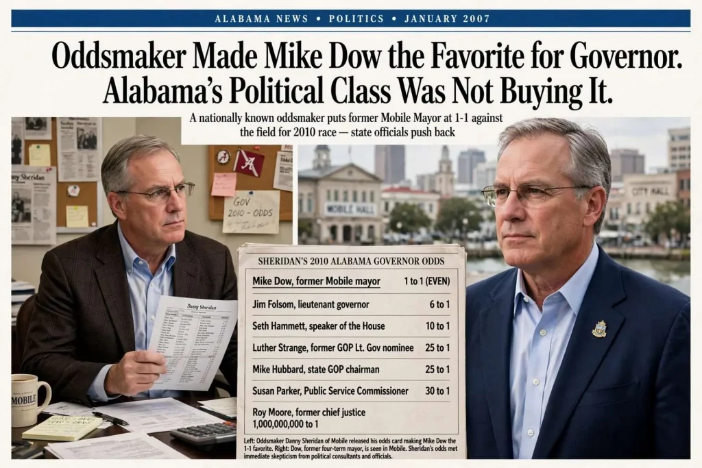 Illustration for the news story: Oddsmaker Made Mike Dow the Favorite for Governor. Alabama’s Political Class Was Not Buying It.