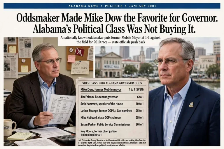 Illustration for the news story: Oddsmaker Made Mike Dow the Favorite for Governor. Alabama’s Political Class Was Not Buying It.