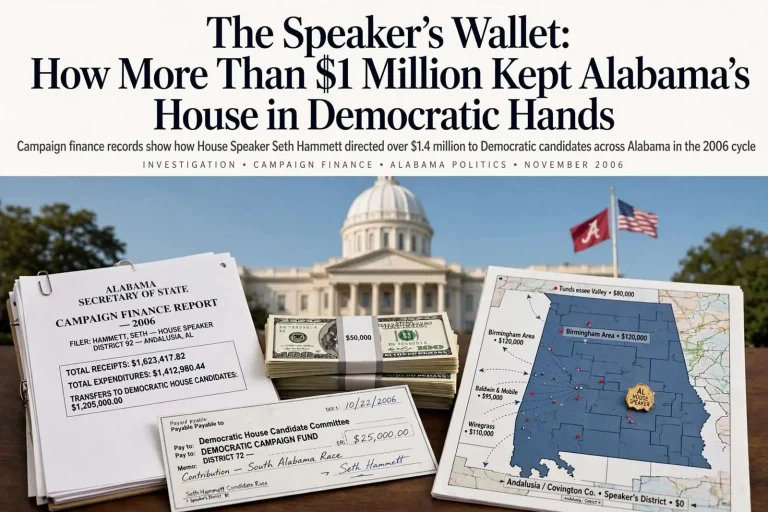 Illustration for the news story: The Speaker’s Wallet: How More Than $1 Million Kept Alabama’s House in Democratic Hands