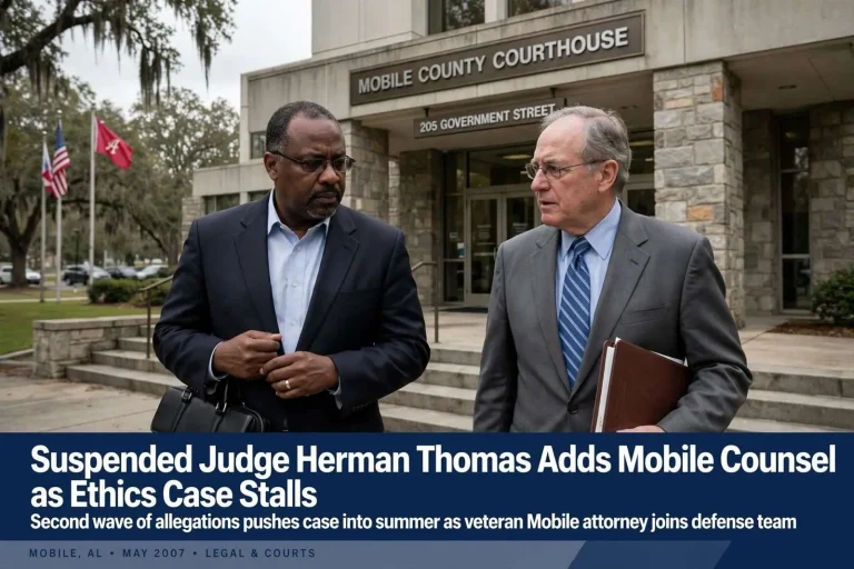 Illustration for the news story: Suspended Judge Herman Thomas Adds Mobile Counsel as Ethics Case Stalls