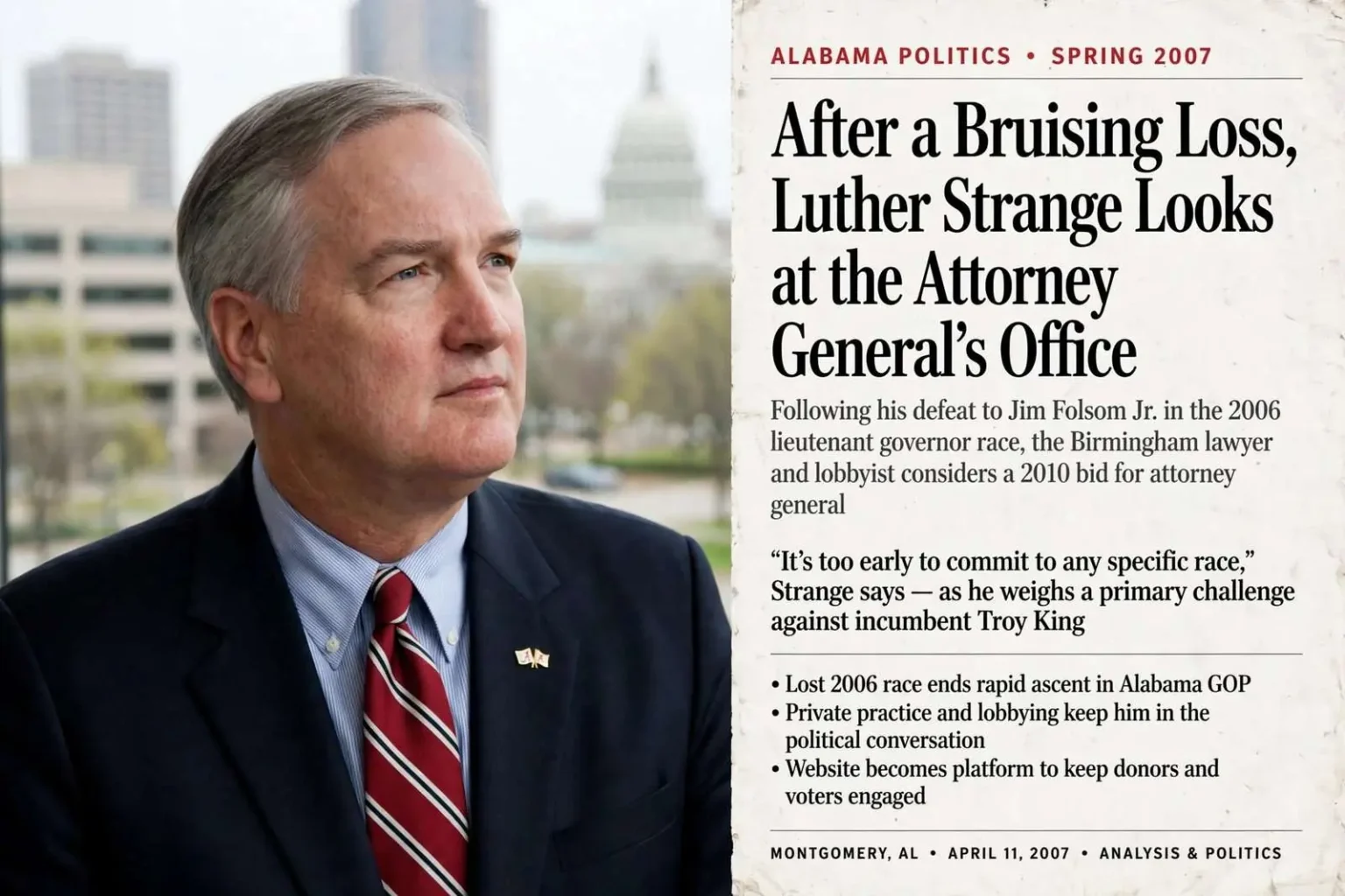 Illustration for the news story: After a Bruising Loss, Luther Strange Looks at the Attorney General’s Office