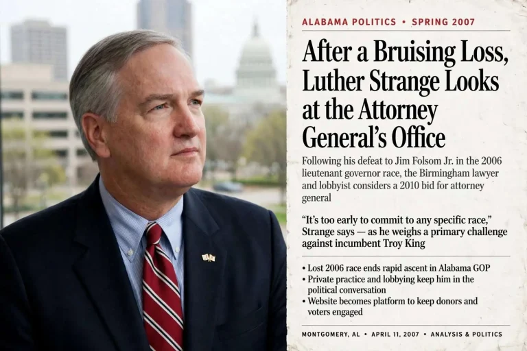 Illustration for the news story: After a Bruising Loss, Luther Strange Looks at the Attorney General’s Office