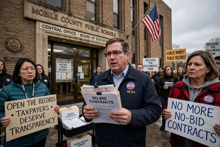 Illustration for the news story: Teachers’ Union Demanded Mobile County School Board Open Its No-Bid Contracts