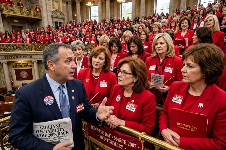 Illustration for the news story: Mobile Republicans Bet on Giuliani as GOP Women Fill the Statehouse Galleries