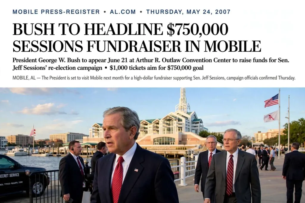Illustration for the news story: President Bush Was Set to Headline a $750,000 Sessions Fundraiser in Mobile