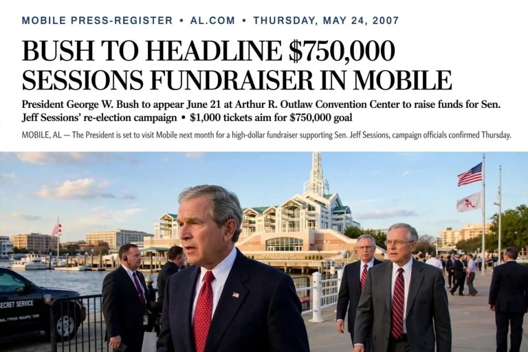 Illustration for the news story: President Bush Was Set to Headline a $750,000 Sessions Fundraiser in Mobile