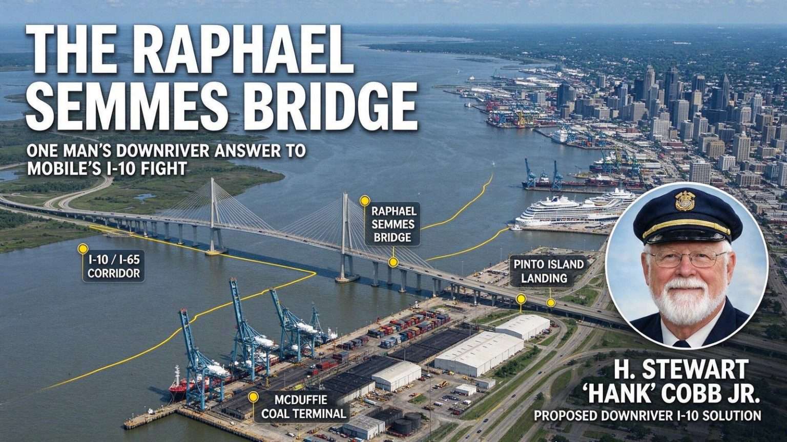Illustration for the news story: The Raphael Semmes Bridge: One Man’s Downriver Answer to Mobile’s I-10 Fight