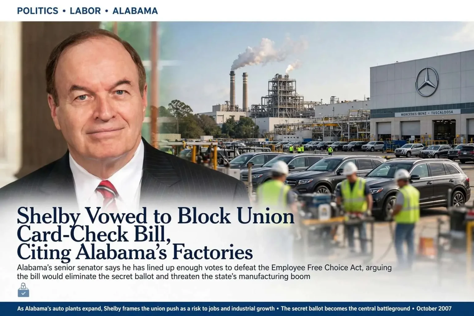 Illustration for the news story: Shelby Vowed to Block Union Card-Check Bill, Citing Alabama’s Factories