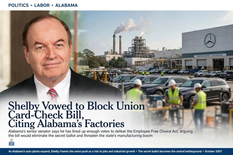 Illustration for the news story: Shelby Vowed to Block Union Card-Check Bill, Citing Alabama’s Factories