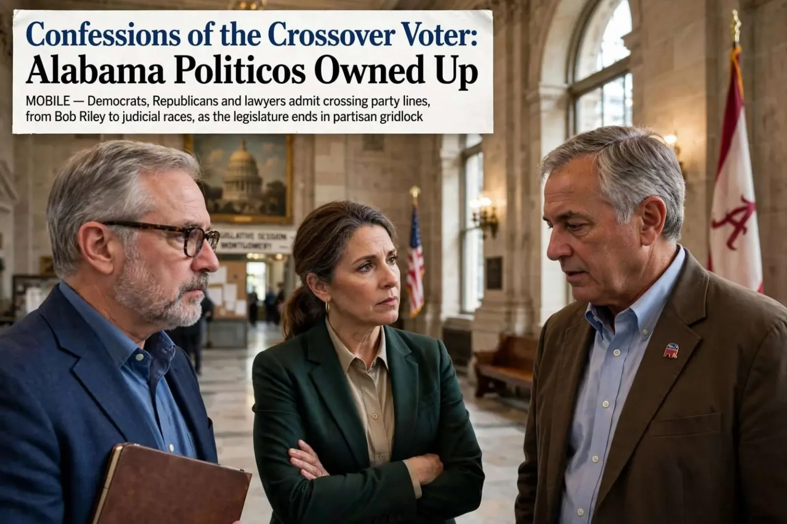 Illustration for the news story: Confessions of the Crossover Voter: Alabama Politicos Owned Up