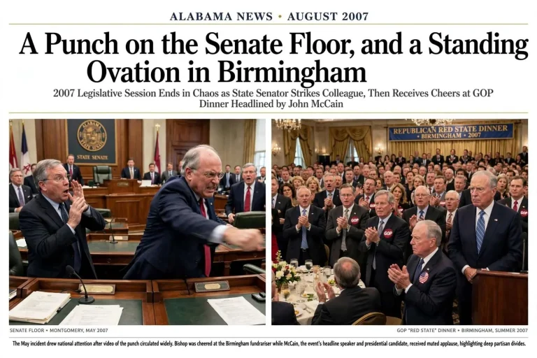 Illustration for the news story: A Punch on the Senate Floor, and a Standing Ovation in Birmingham