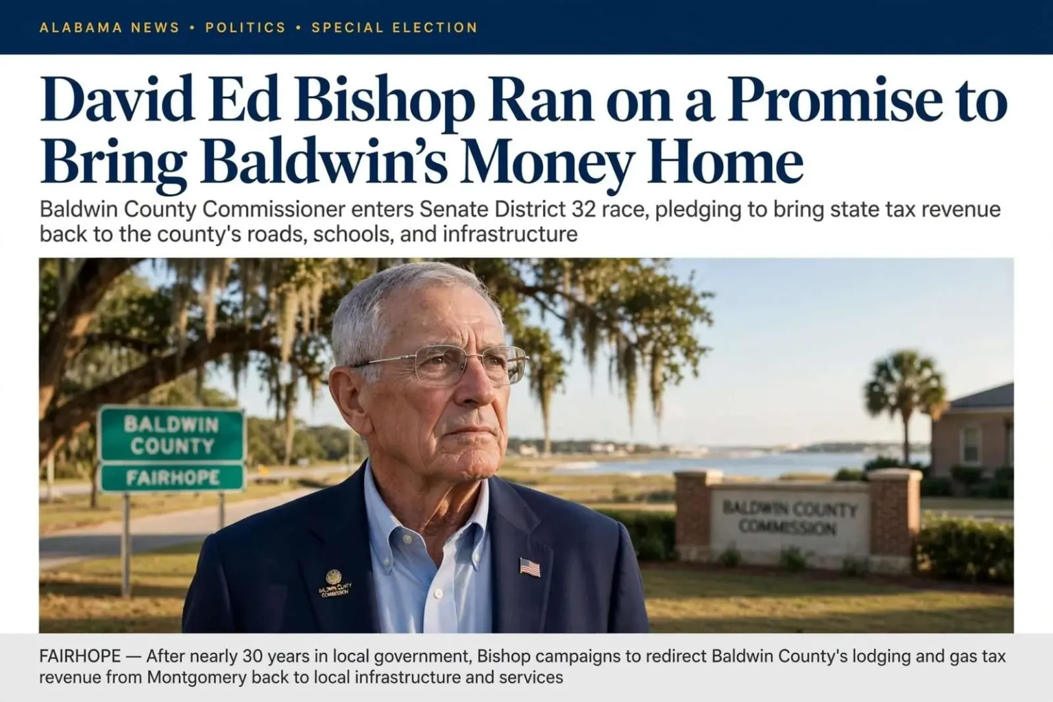Illustration for the news story: David Ed Bishop Ran on a Promise to Bring Baldwin’s Money Home