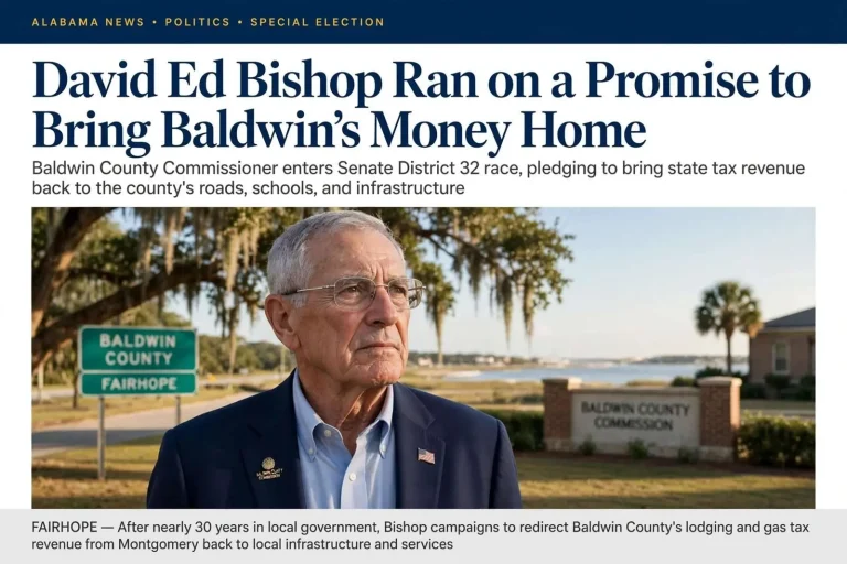 Illustration for the news story: David Ed Bishop Ran on a Promise to Bring Baldwin’s Money Home
