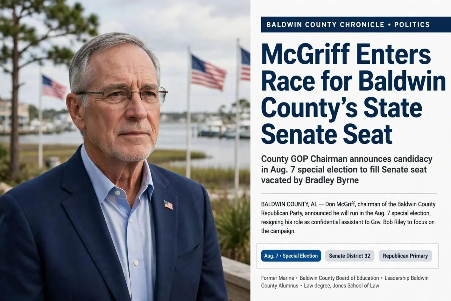 Illustration for the news story: McGriff Enters Race for Baldwin County’s State Senate Seat