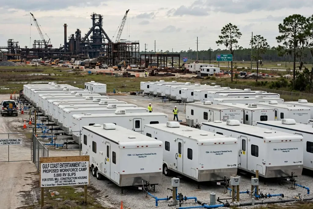 Illustration for the news story: Could Surplus FEMA Trailers House the Steel Mill’s Construction Army?