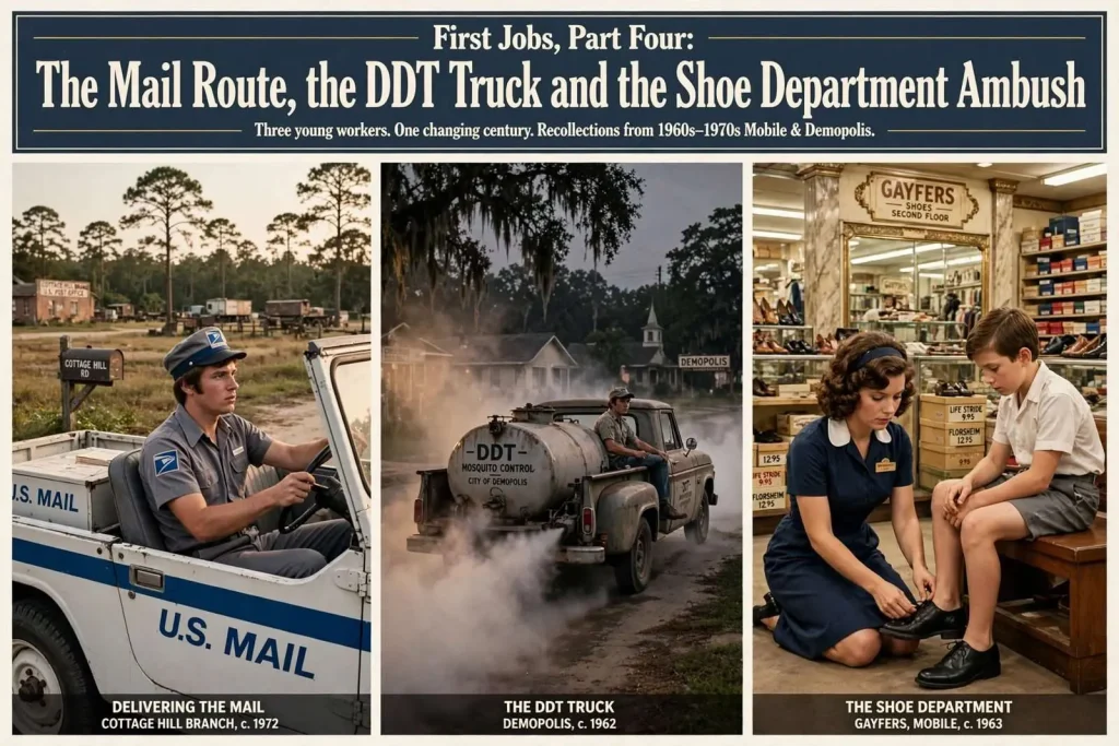 Illustration for the news story: First Jobs, Part Four: The Mail Route, the DDT Truck and the Shoe Department Ambush