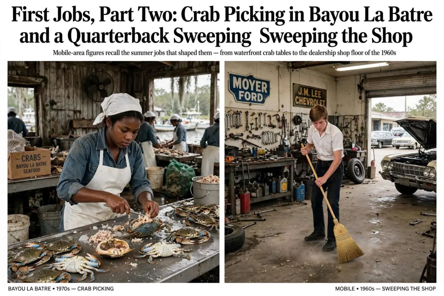 Illustration for the news story: First Jobs, Part Two: Crab Picking in Bayou La Batre and a Quarterback Sweeping the Shop