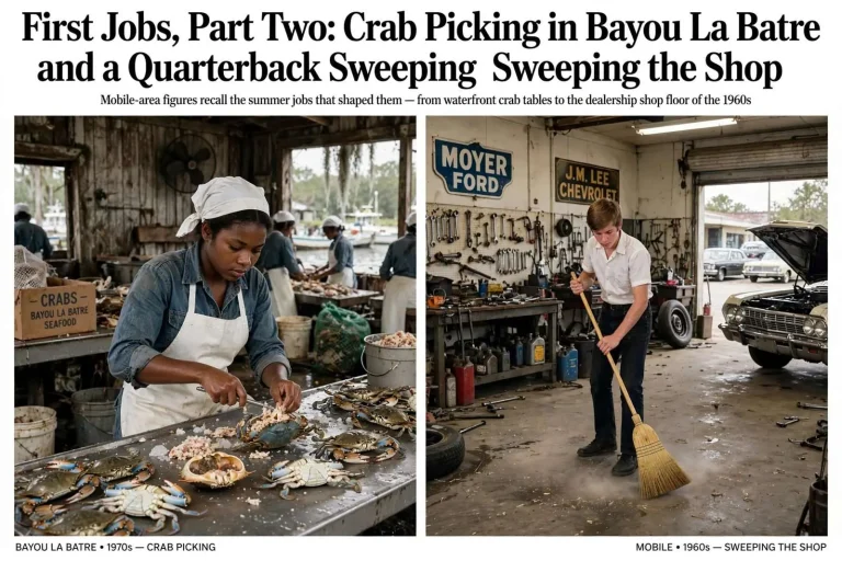 Illustration for the news story: First Jobs, Part Two: Crab Picking in Bayou La Batre and a Quarterback Sweeping the Shop
