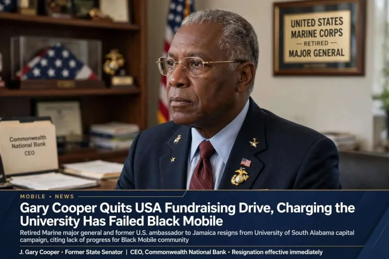 Illustration for the news story: Gary Cooper Quits USA Fundraising Drive, Charging the University Has Failed Black Mobile