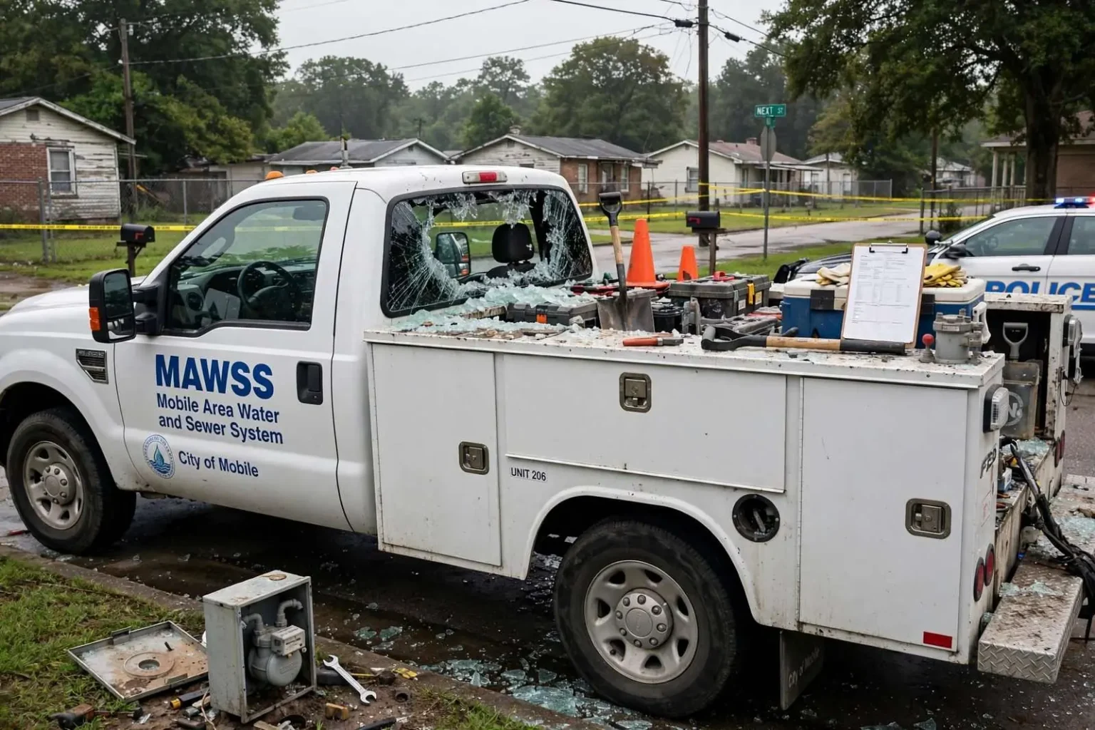 Illustration for the news story: Gunfire Struck a MAWSS Truck as Crews Turned On Water in North Mobile