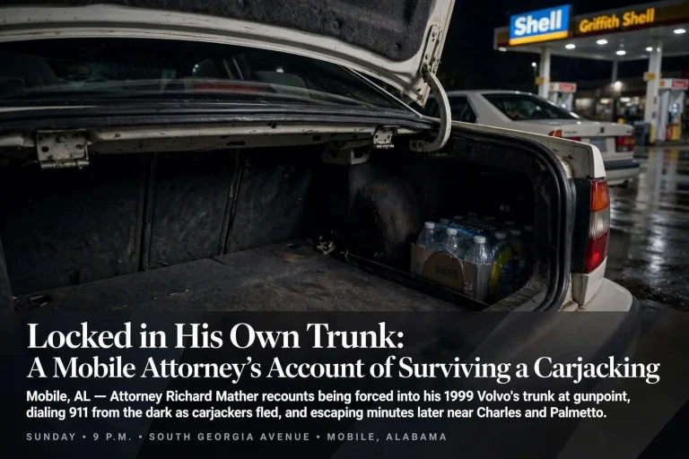 Illustration for the news story: Locked in His Own Trunk: A Mobile Attorney’s Account of Surviving a Carjacking