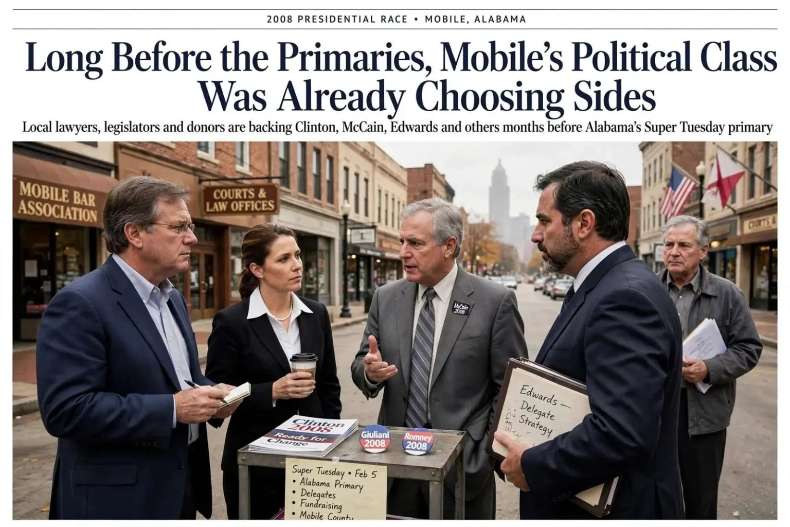 Illustration for the news story: Long Before the Primaries, Mobile’s Political Class Was Already Choosing Sides