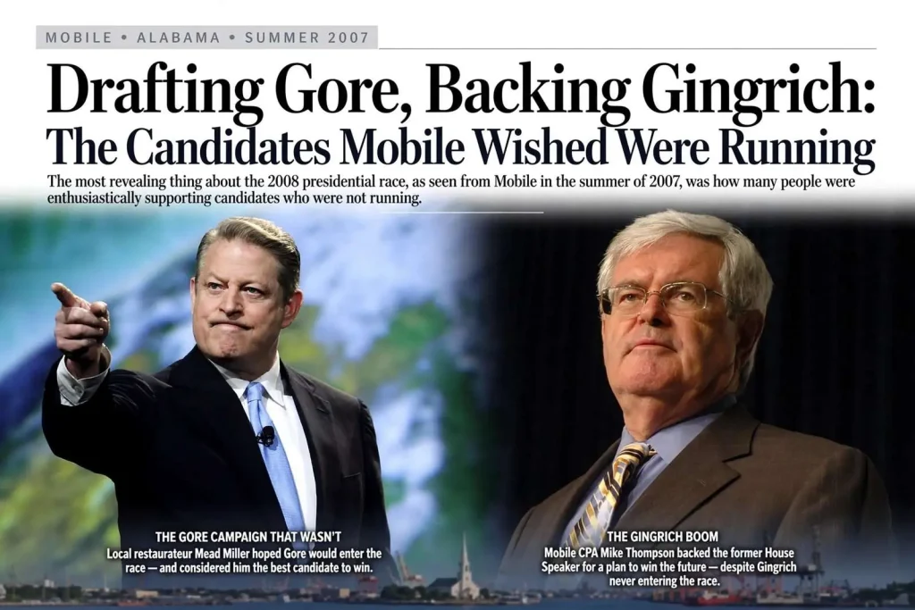 Illustration for the news story: Drafting Gore, Backing Gingrich: The Candidates Mobile Wished Were Running