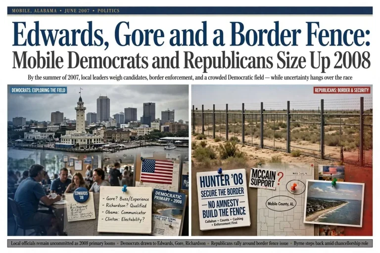 Illustration for the news story: Edwards, Gore and a Border Fence: Mobile Democrats and Republicans Size Up 2008