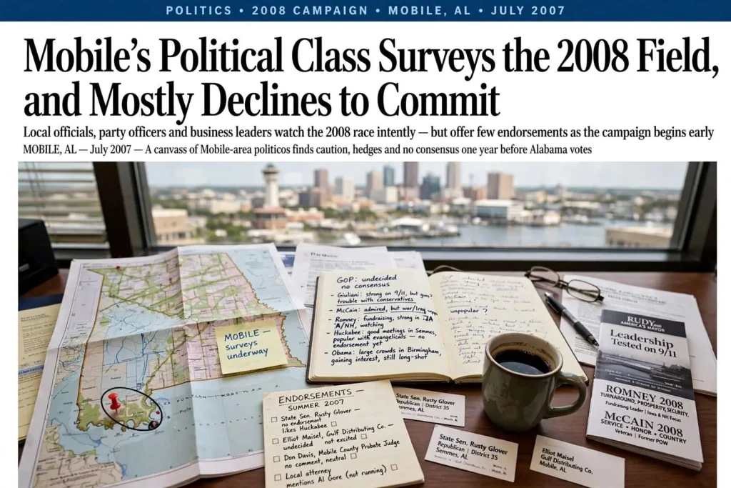 Illustration for the news story: Mobile’s Political Class Surveys the 2008 Field, and Mostly Declines to Commit