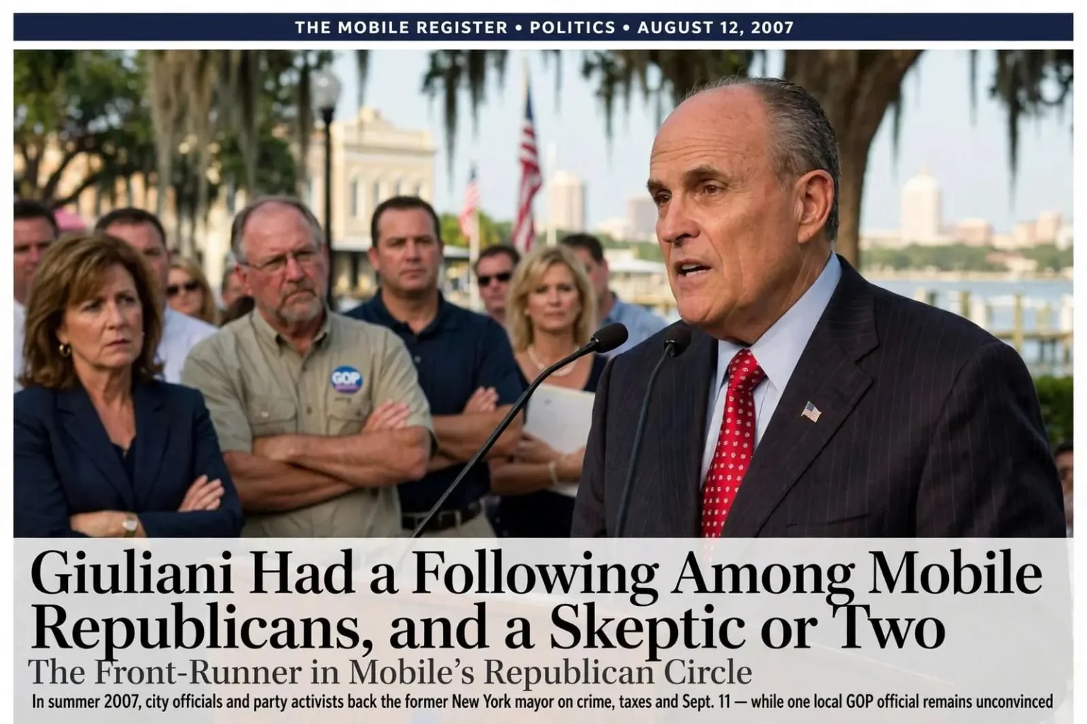 Illustration for the news story: Giuliani Had a Following Among Mobile Republicans, and a Skeptic or Two