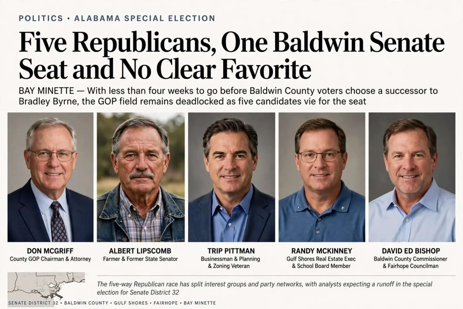 Illustration for the news story: Five Republicans, One Baldwin Senate Seat and No Clear Favorite