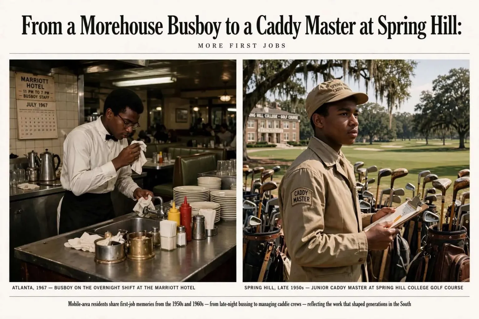Illustration for the news story: From a Morehouse Busboy to a Caddy Master at Spring Hill: More First Jobs