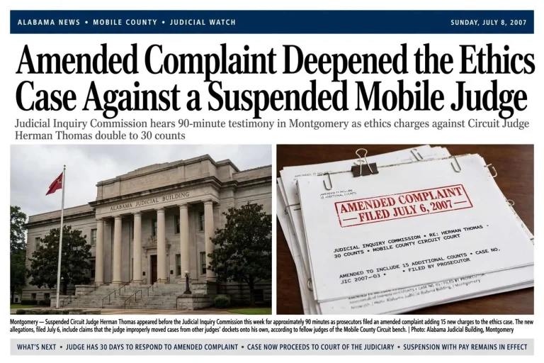 Illustration for the news story: Amended Complaint Deepened the Ethics Case Against a Suspended Mobile Judge