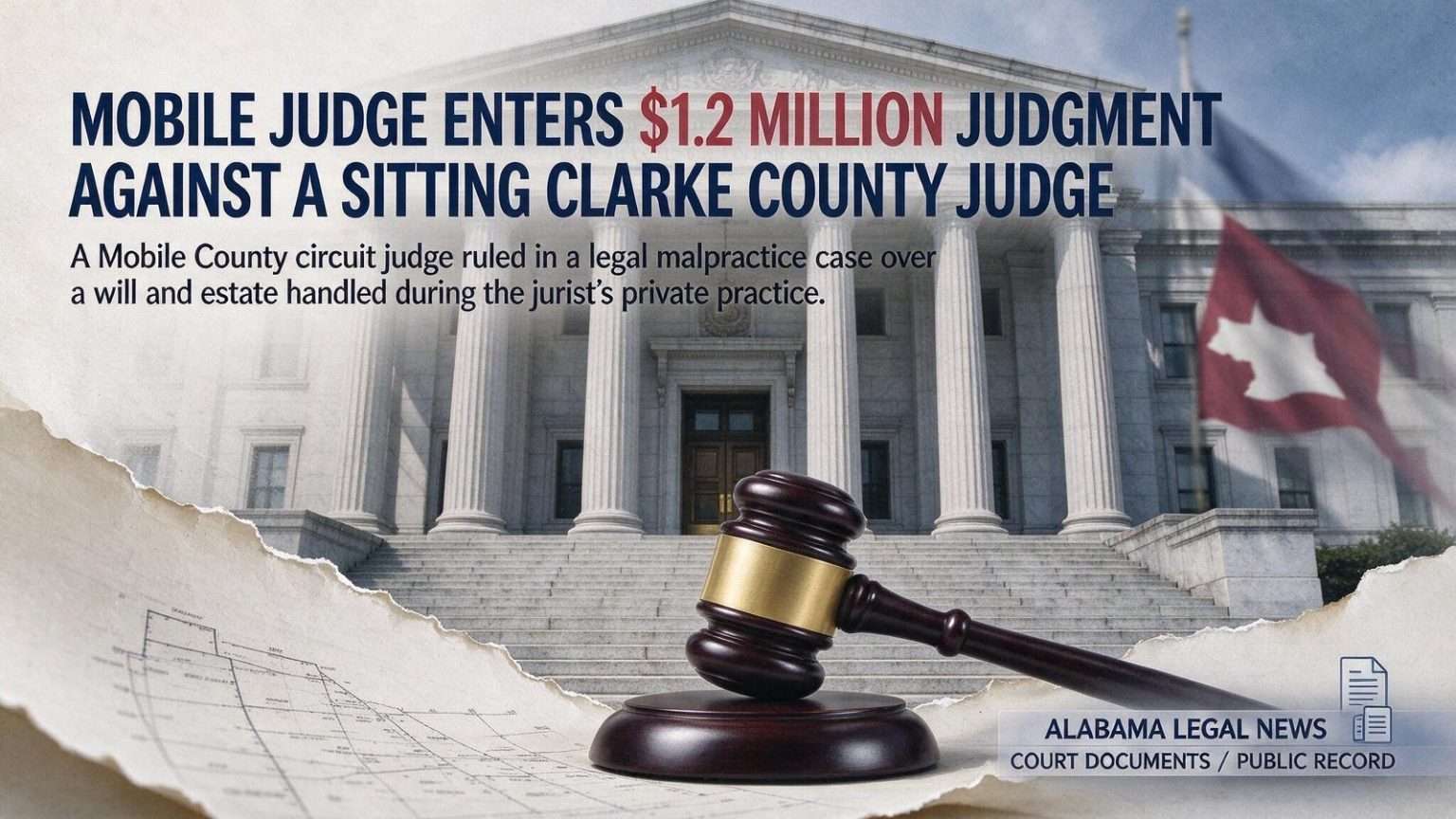 Illustration for the news story: Mobile Judge Enters $1.2 Million Judgment Against a Sitting Clarke County Judge