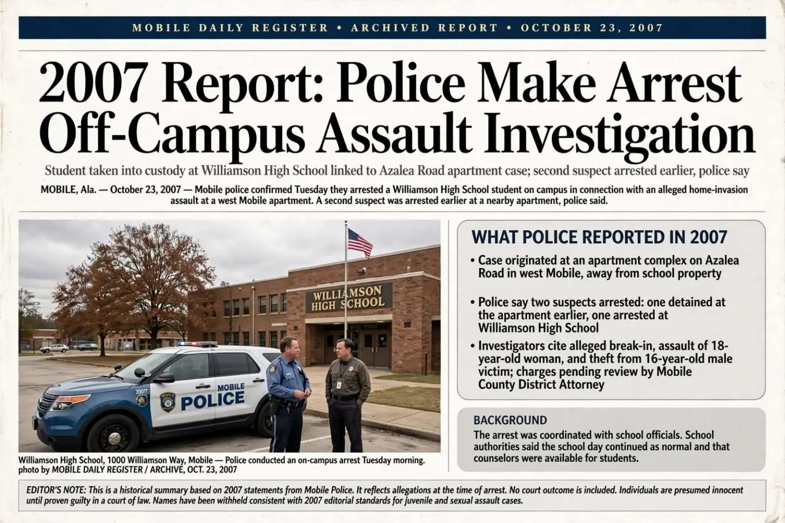 Illustration for the news story: 2007 Report: Police Made Arrest in Off-Campus Assault Investigation