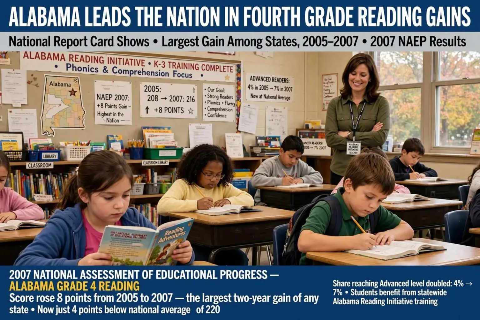 Illustration for the news story: Alabama Leads the Nation in Fourth Grade Reading Gains, National Report Card Shows