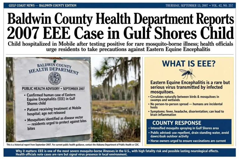 Illustration for the news story: Baldwin County Health Department Reported 2007 EEE Case in Gulf Shores Child