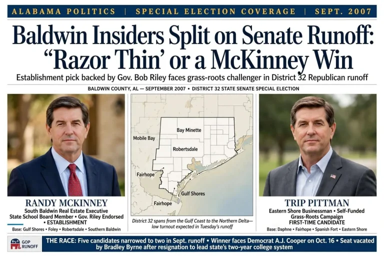 Illustration for the news story: Baldwin Insiders Split on Senate Runoff: ‘Razor Thin’ or a McKinney Win