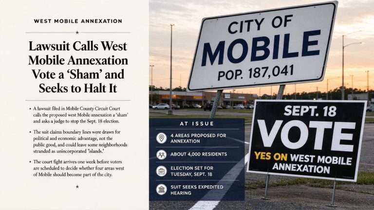 Illustration for the news story: Lawsuit Calls West Mobile Annexation Vote a ‘Sham’ and Seeks to Halt It