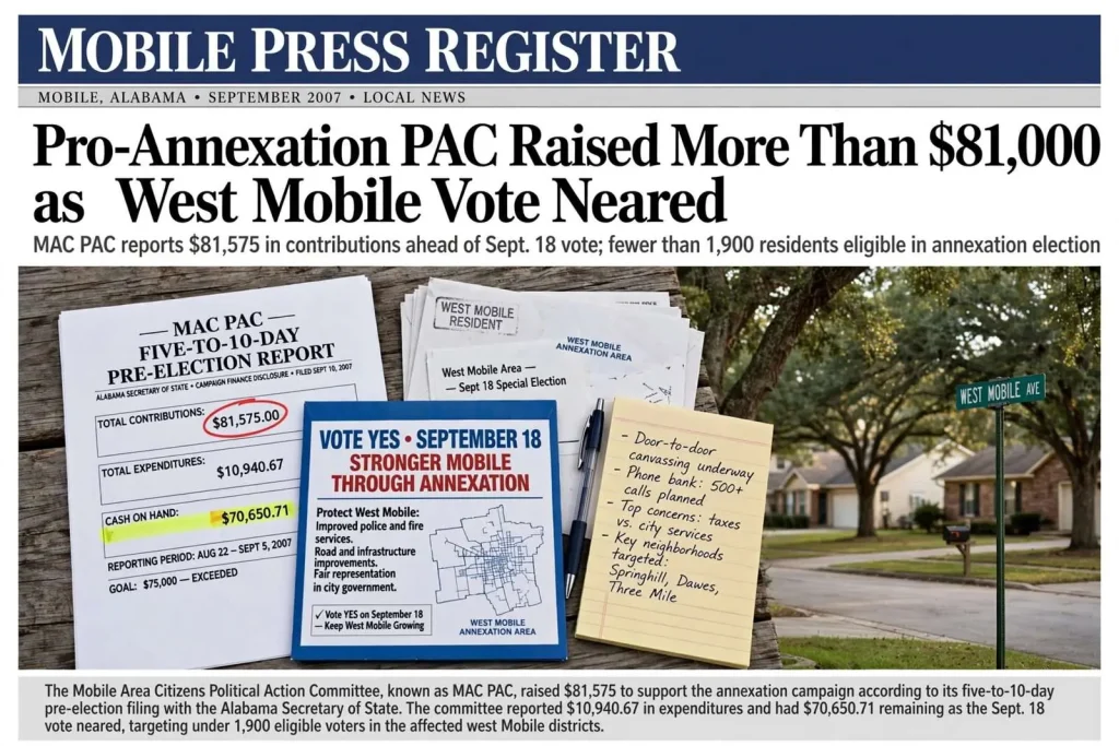 Illustration for the news story: Pro-Annexation PAC Raised More Than $81,000 as West Mobile Vote Neared