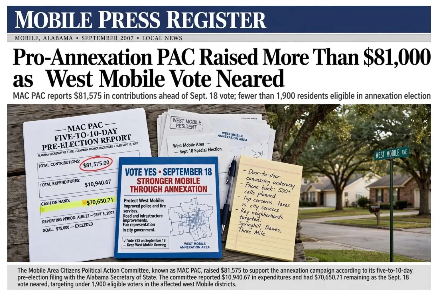 Illustration for the news story: Pro-Annexation PAC Raised More Than $81,000 as West Mobile Vote Neared