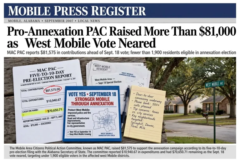 Illustration for the news story: Pro-Annexation PAC Raised More Than $81,000 as West Mobile Vote Neared