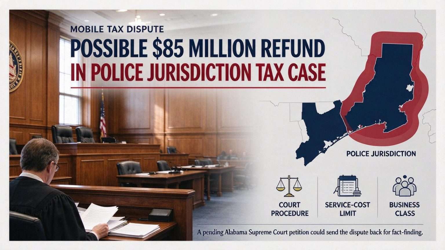 Illustration for the news story: Mobile Confronts Possible $85 Million Refund in Police Jurisdiction Tax Case