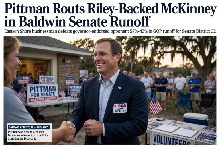 Illustration for the news story: Pittman Routs Riley-Backed McKinney in Baldwin Senate Runoff